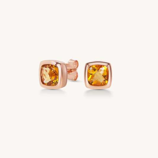 Gemuri Citrine Cushion Bezel Studs | 18K Rose Gold Plated Sterling Silver