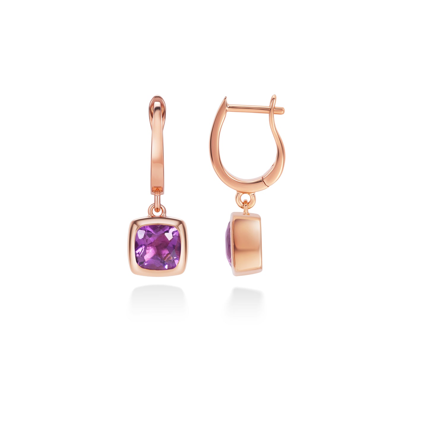 Amethyst Cushion Drop Hoop Earrings | 18K Rose Gold Plated Sterling Silver