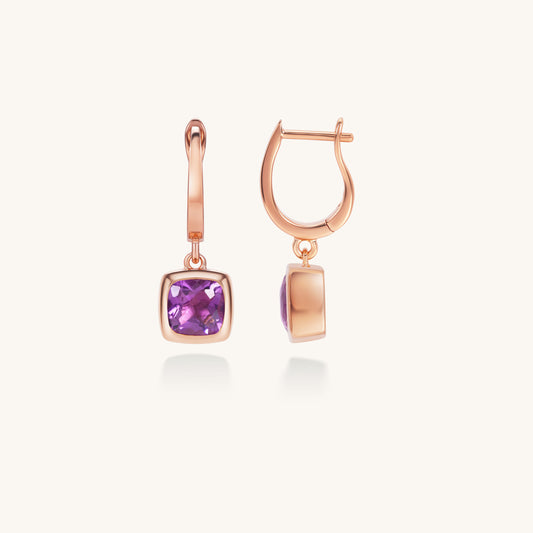 Amethyst Cushion Drop Hoop Earrings | 18K Rose Gold Plated Sterling Silver