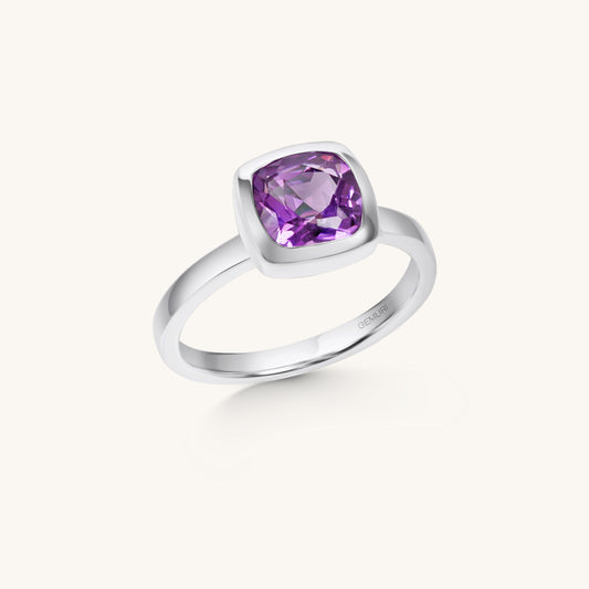 Amethyst Cushion Bezel Ring | 18K White Gold Plated Sterling Silver