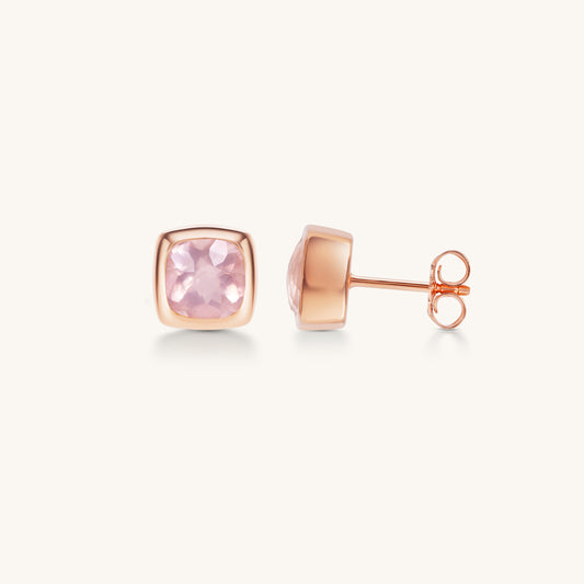 Rose Quartz Cushion Bezel Studs | 18K Rose Gold Plated Sterling Silver