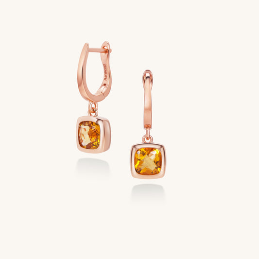 Citrine Cushion Drop Hoop Earrings | 18K Rose Gold Plated Sterling Silver