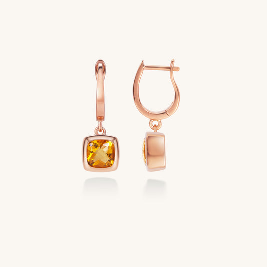 Citrine Cushion Drop Hoop Earrings | 18K Rose Gold Plated Sterling Silver