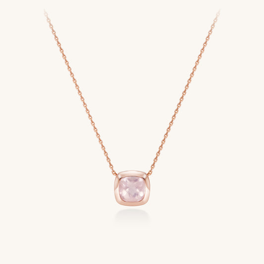 Cushion Bezel Rose Quartz Pendant Necklace | 18K Rose Gold Plated Sterling Silver