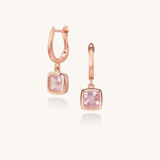 Rose Quartz Cushion Drop Hoop Earrings | 18K Rose Gold Plated Sterling Silver