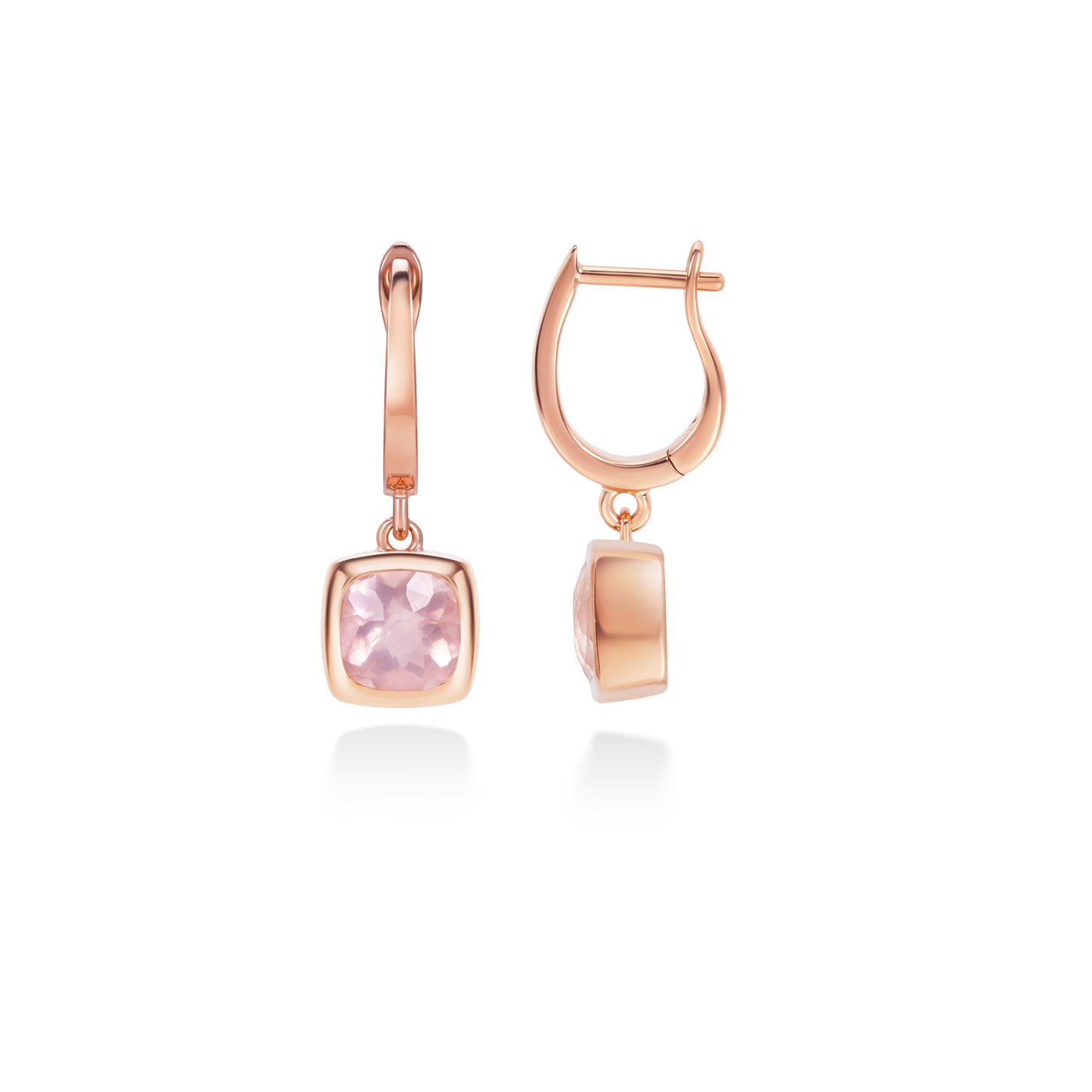 Rose Quartz Cushion Drop Hoop Earrings | 18K Rose Gold Plated Sterling Silver