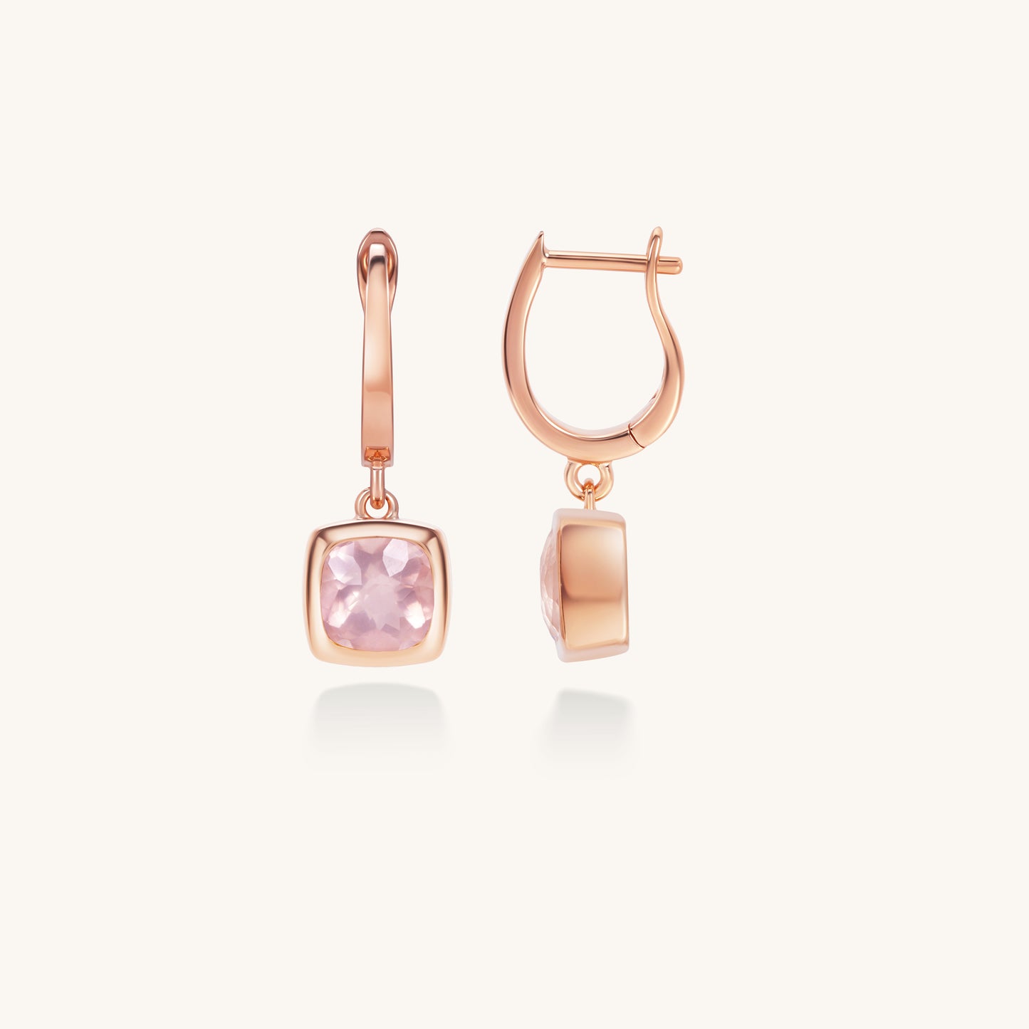 Rose Quartz Cushion Drop Hoop Earrings | 18K Rose Gold Plated Sterling Silver