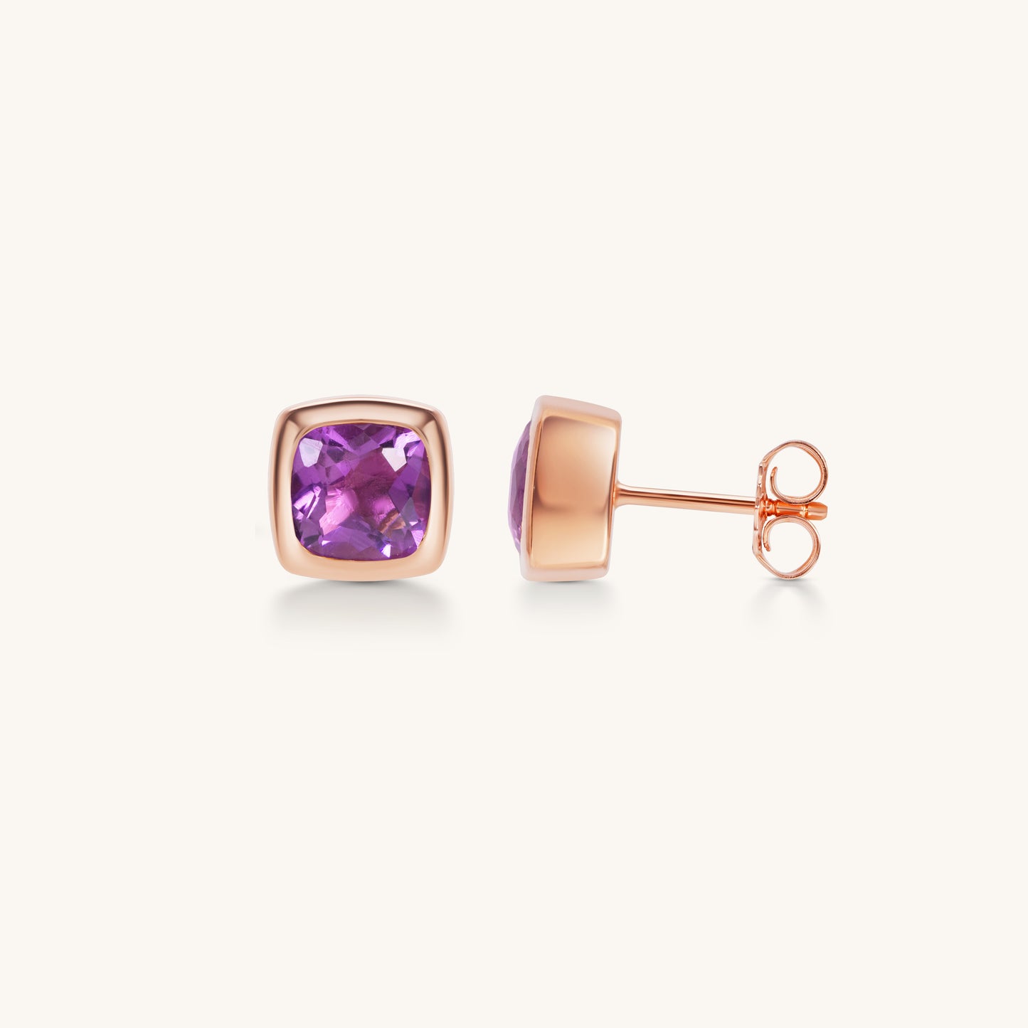 Amethyst Cushion Bezel Studs | 18K Rose Gold Plated