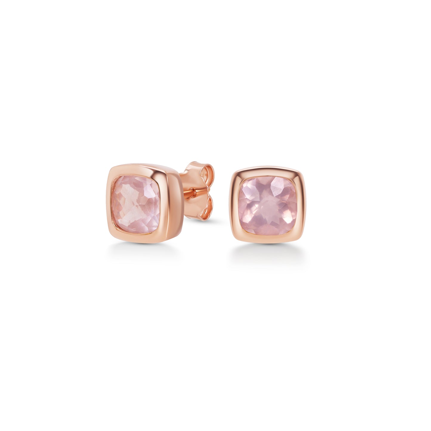 Rose Quartz Cushion Bezel Studs | 18K Rose Gold Plated Sterling Silver