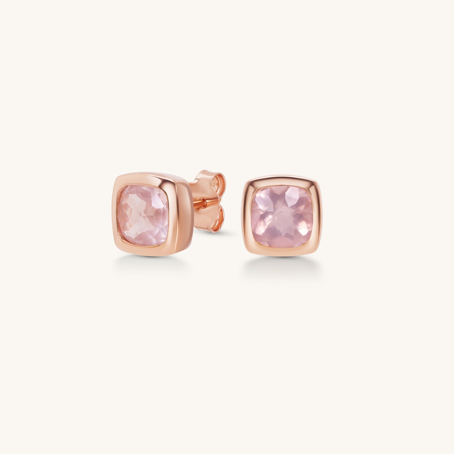 Rose Quartz Cushion Bezel Studs | 18K Rose Gold Plated Sterling Silver
