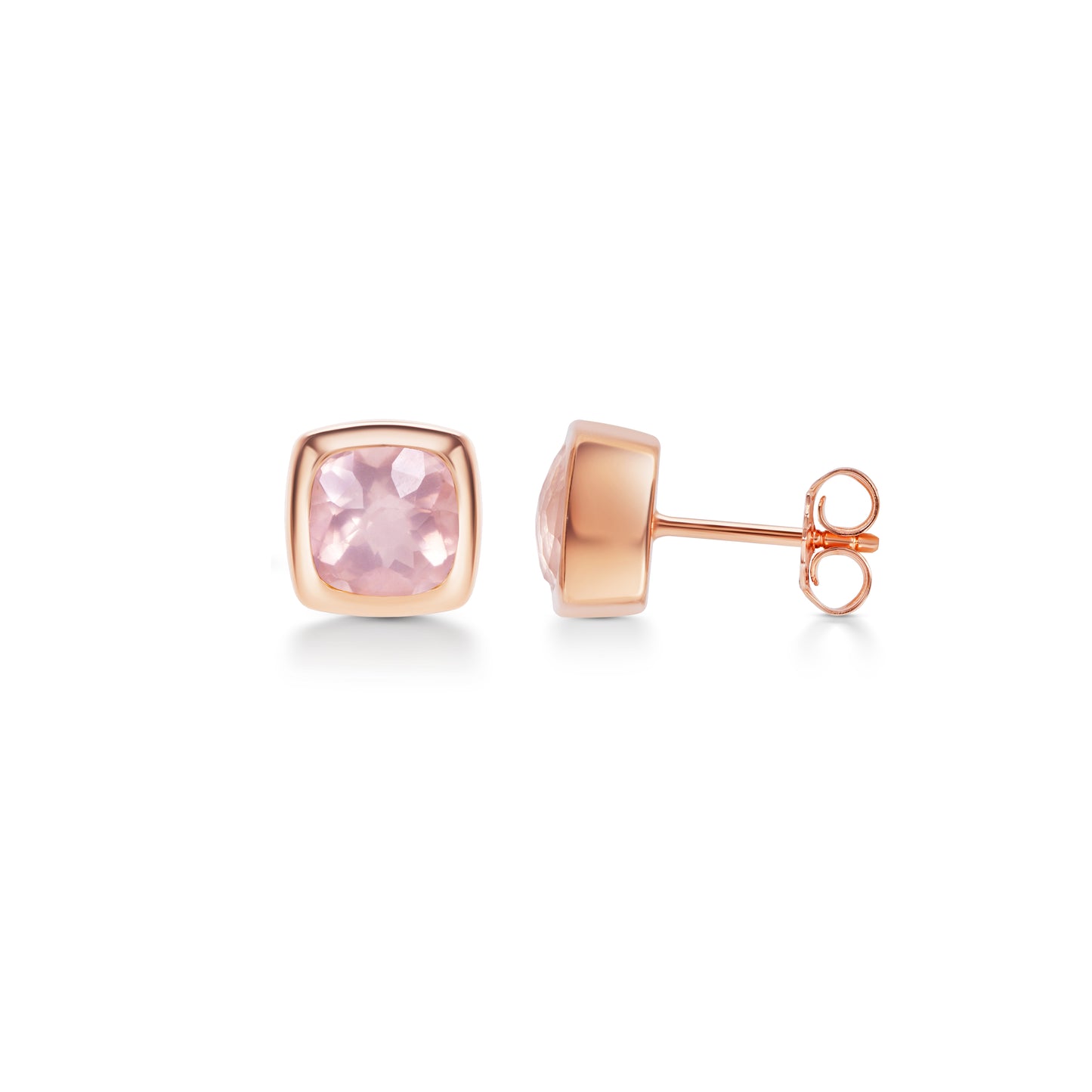 Rose Quartz Cushion Bezel Studs | 18K Rose Gold Plated Sterling Silver